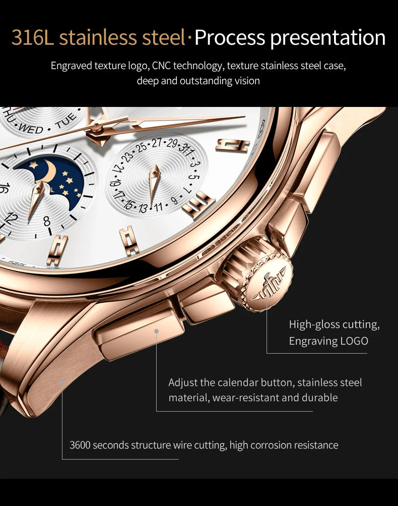 OUPINKE 3189 Classic Men's Watch Leather Strap Waterproof Moon phase Top Brand Automatic Mechanical Men's Wristwatch