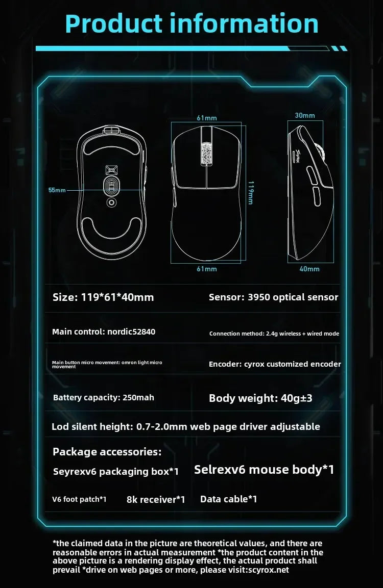 SCYROX V6 ei-huokoinen langaton esports-hiiri 40g 750IPS 8k-vastaanottimella, nopea vaste, 3950, korkealaatuinen 8KHz gaming-hiiri