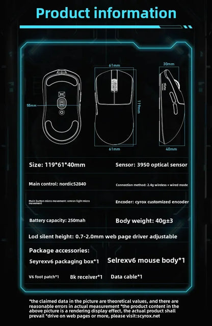 SCYROX V6 ei-huokoinen langaton esports-hiiri 40g 750IPS 8k-vastaanottimella, nopea vaste, 3950, korkealaatuinen 8KHz gaming-hiiri