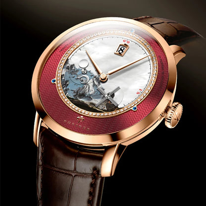 PONIGER Sapphire Crystal Glass Wrist Watch Painting Dial Man Leather Automatic Wristwatch MIYOTA 8219