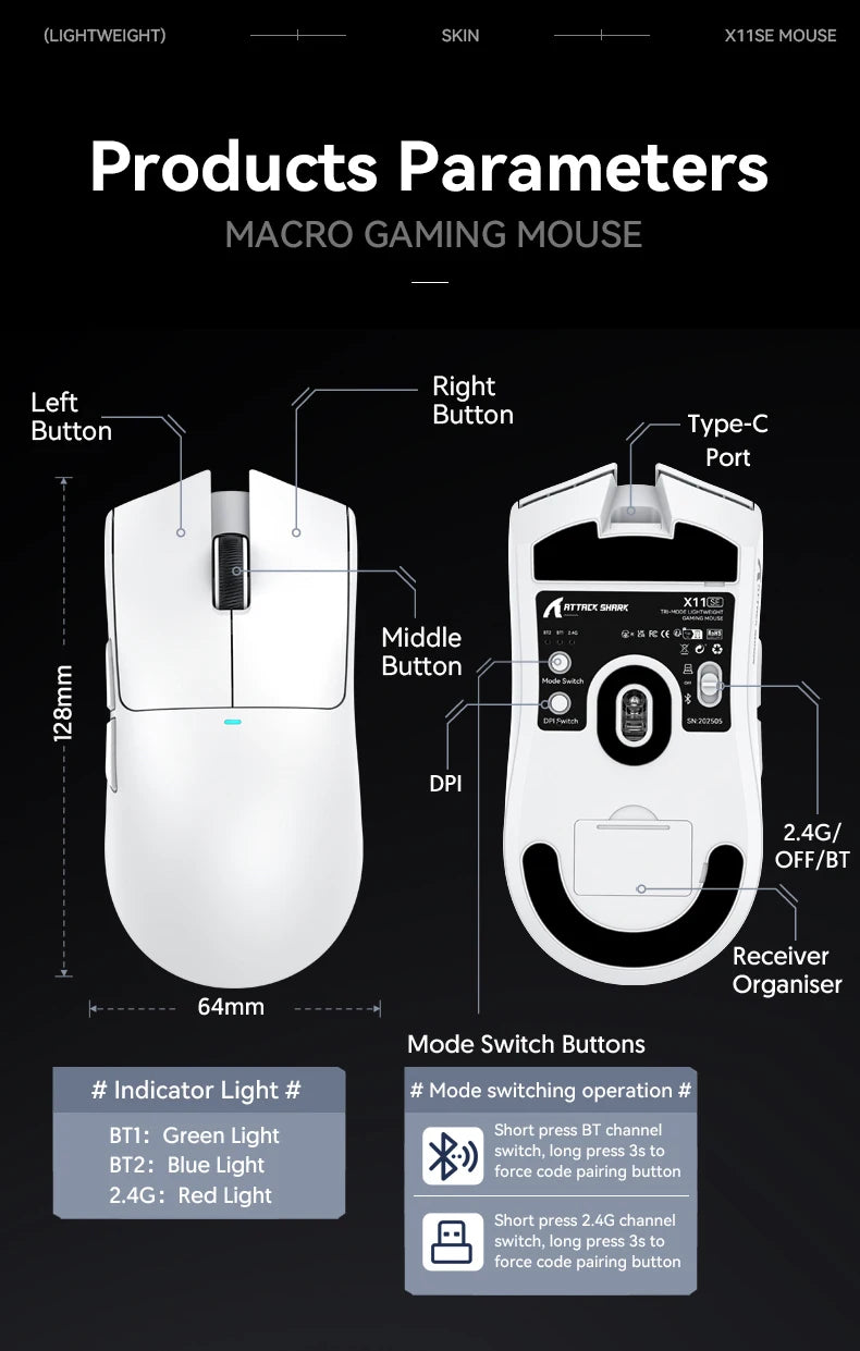 ATTACK SHARK X11 Wireless Gaming Mouse, 22K DPI PAW3311 Tri-Mode Gaming Mouse, Bluetooth 2.4G Wired RGB Lightweight Gaming Mouse