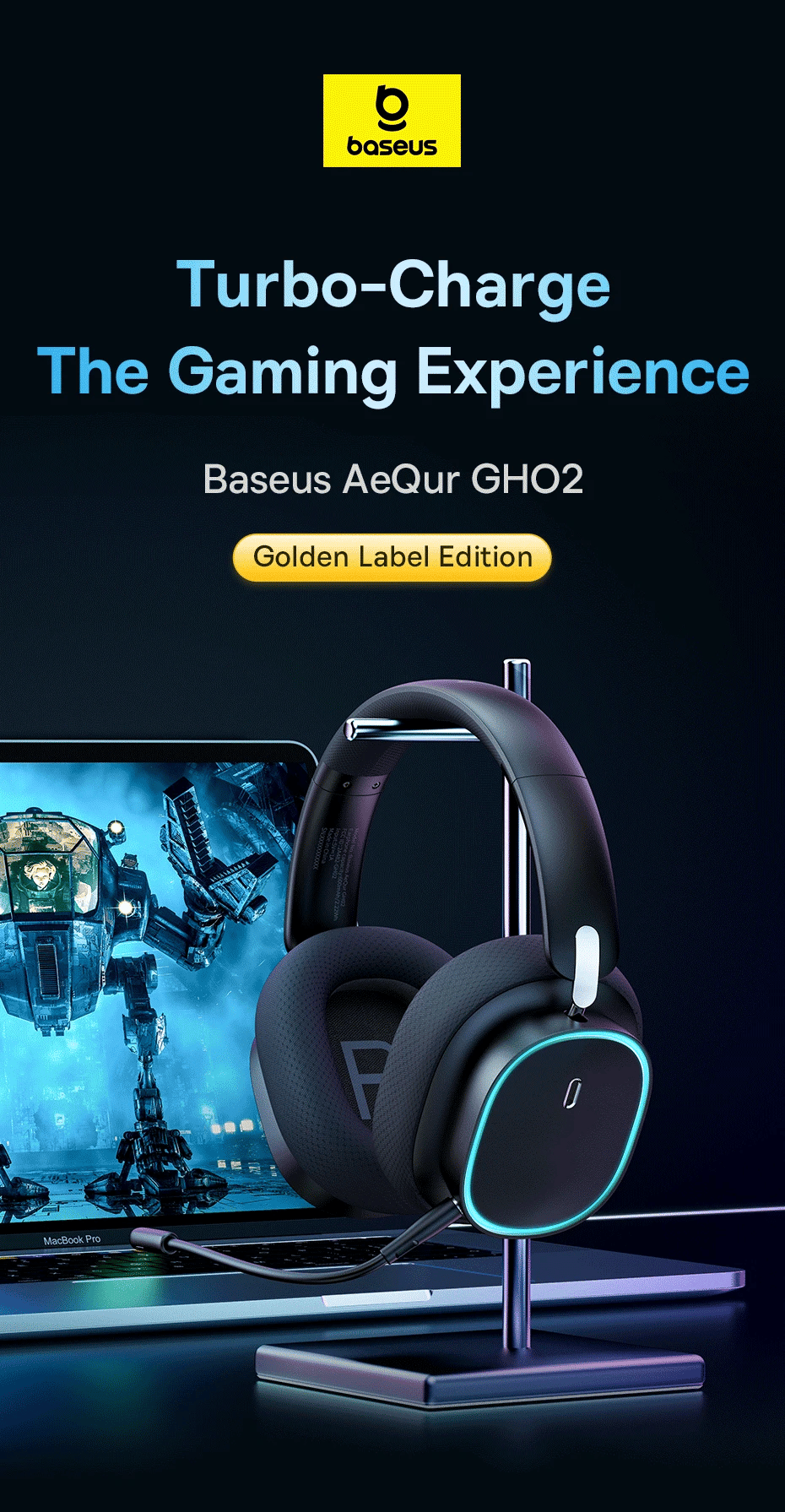 Baseus GH02 Gaming Wireless Headphones Bluetooth 5.3 Over-Ear Headset with Mic, 40mm Driver RGB Gaming Headphones, 2.4G Wireless Low Latency Headset