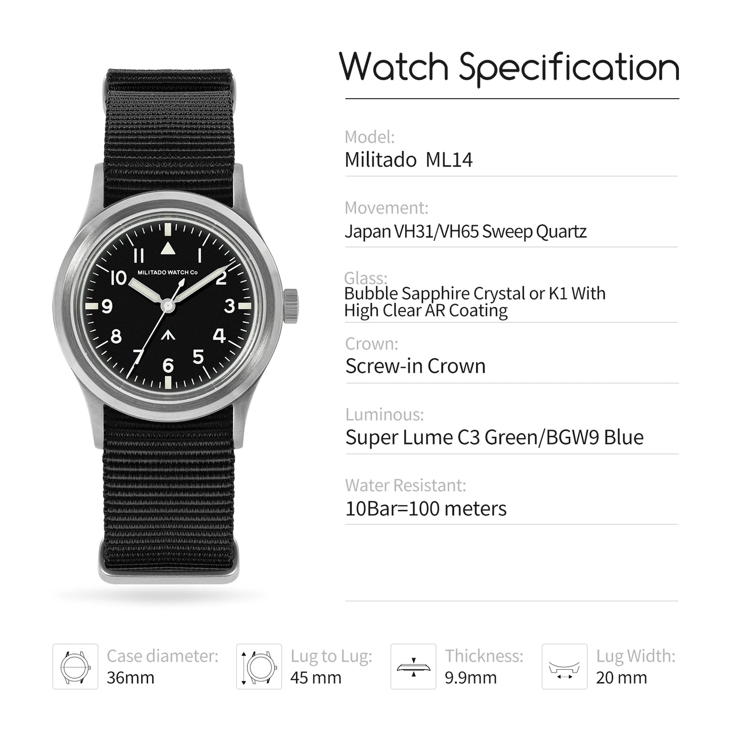 Militado ML14 36mm Watch VH31 Sweep Second Quartz Movement Watch Sapphire Crystal Super Luminous BGW9 C3 100m Waterproof Watches