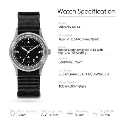 Militado ML14 36mm Watch VH31 Sweep Second Quartz Movement Watch Sapphire Crystal Super Luminous BGW9 C3 100m Waterproof Watches