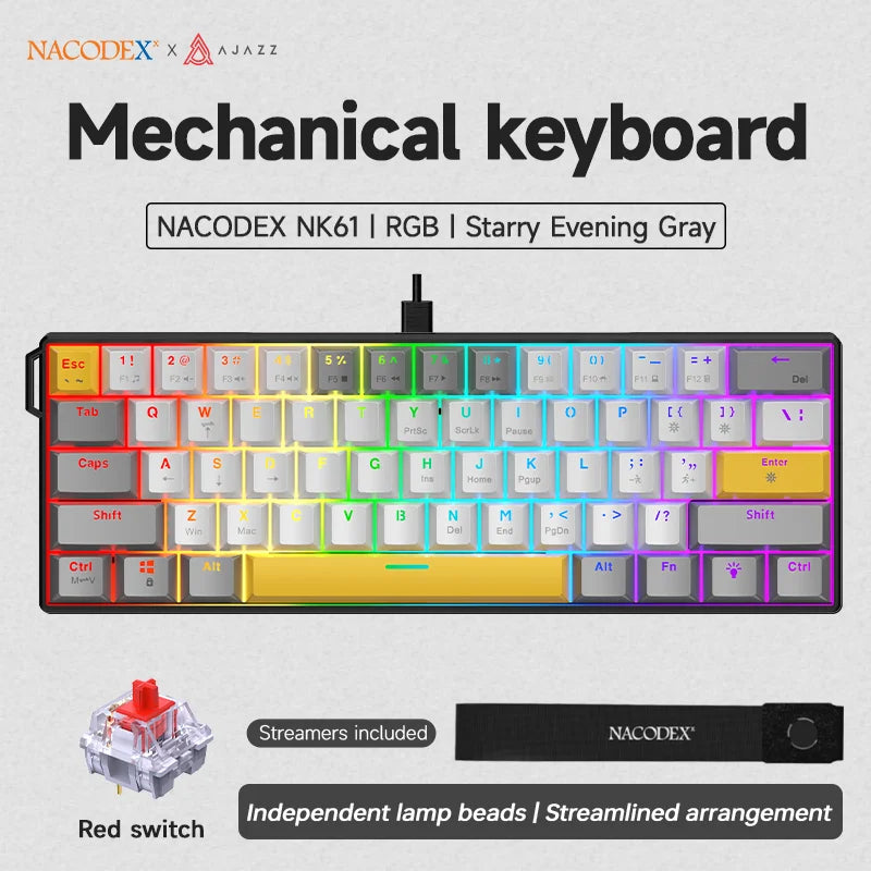 AJAZZ NK61 kabelgebundene mechanische Gaming-Tastatur 60% RGB Hot-Swappable 61 Tasten Red Switch Mini-Tastatur für Gamer-PC