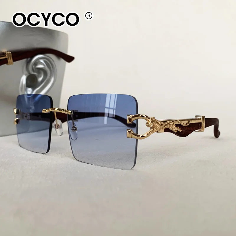 Fashion Rimless Square Sunglasses For Man Leopard Design Gradient Sun Glasses Woman Luxury Outdoor Eyewear UV400