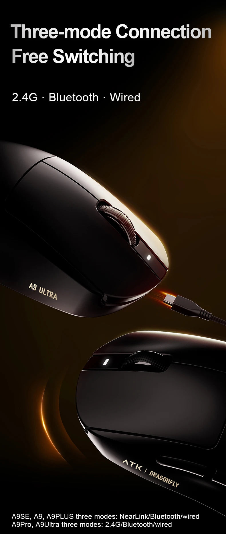 ATK Dragonfly A9 Ultra Wireless Gaming Mouse, Ultra-Lightweight Tri-Mode Ergonomic Gaming Mouse with Dual 8K Polling Rate, PAW3395/3950 Sensor