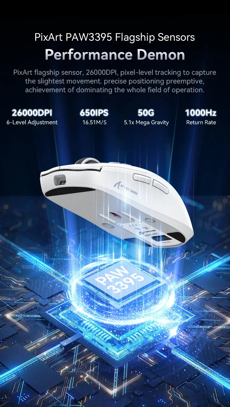 Attack Shark X6 Wireless Ergonomic Gaming Mouse, Tri-Mode Bluetooth, 2.4G & Wired Gaming Mouse, 26000 DPI Rechargeable RGB Gaming Mouse