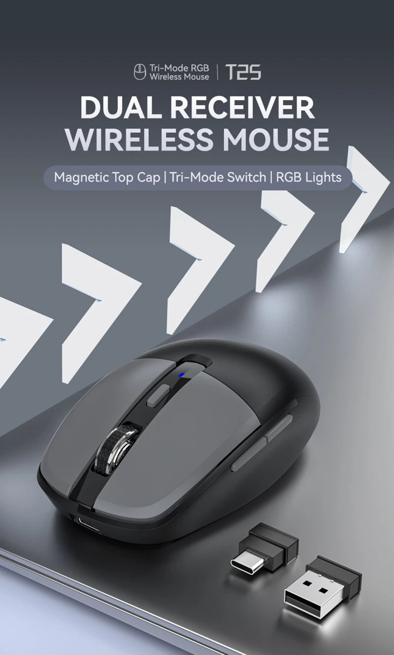 Tri-Mode Wireless Mouse with Dual USB & Type-C Receivers, Bluetooth 5.1 Rechargeable Silent RGB Mouse for Laptop, PC, Mac, Android & iOS