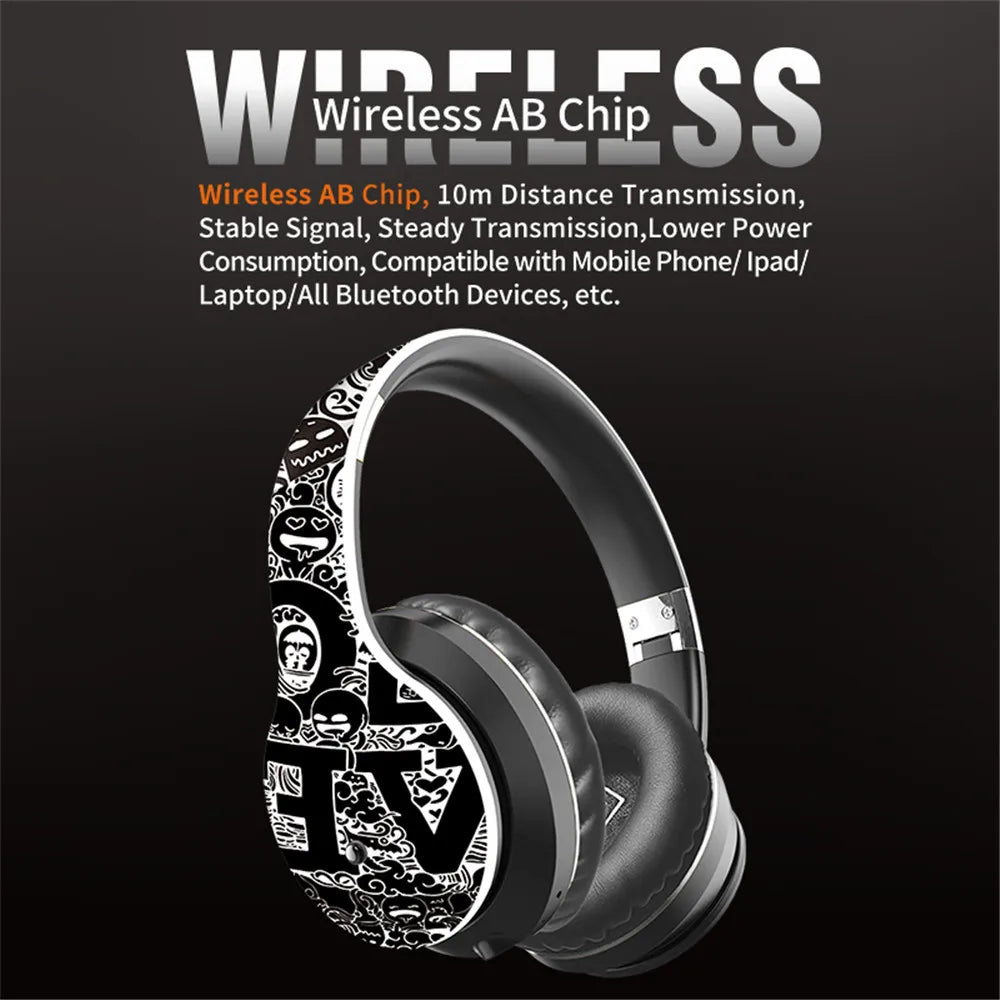 Wireless Bluetooth 5.0 Headphones Over Ear Headest Graffiti Design Foldable Headphone with Mic Hi-Fi Stereo For phone pc laptop