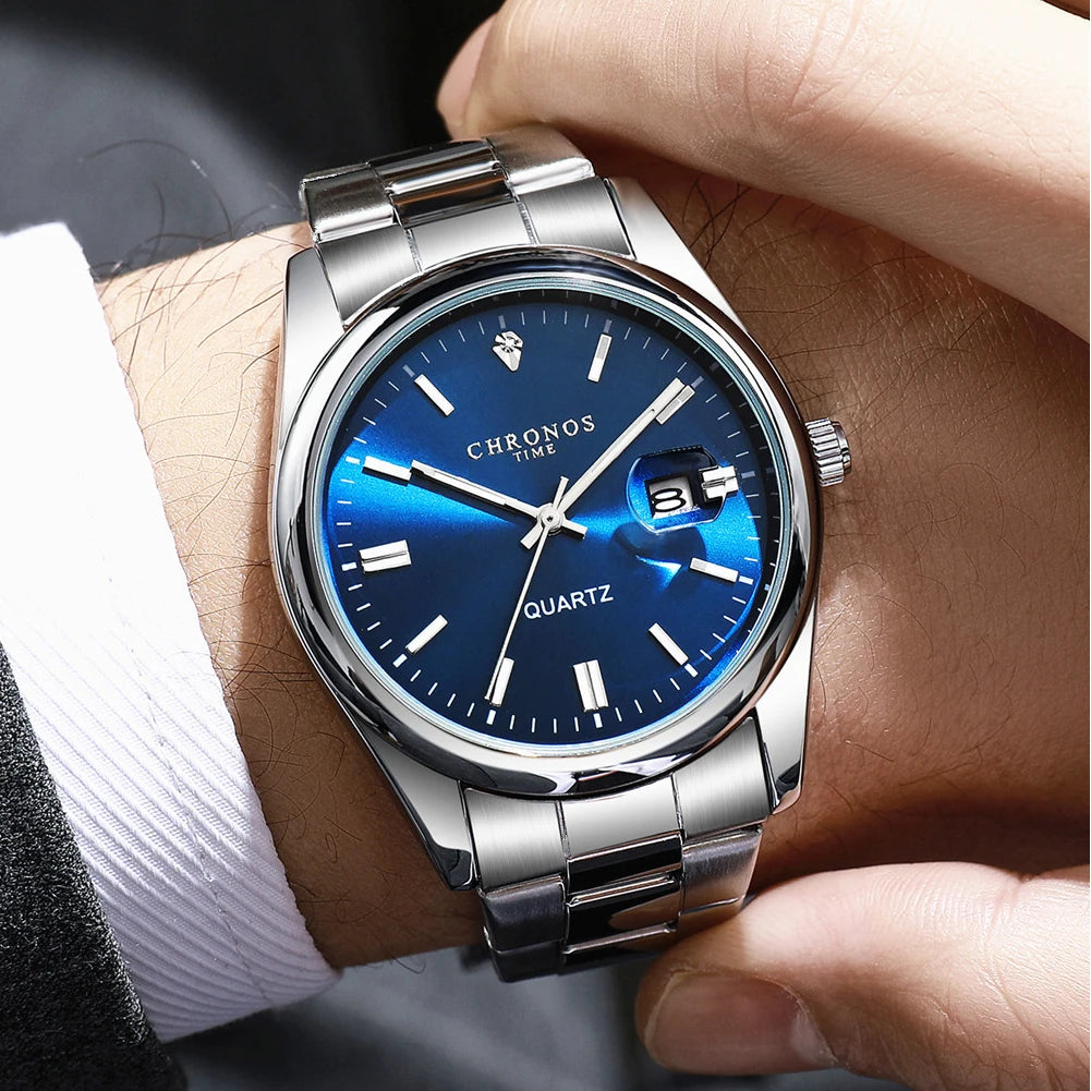 Męski zegarek na rękę CHRONOS – luksusowa marka, wodoodporny, podświetlany, z datownikiem, ze stali nierdzewnej, z mechanizmem kwarcowym.