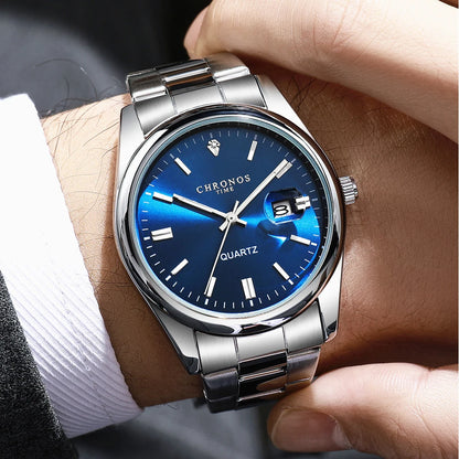 Męski zegarek na rękę CHRONOS – luksusowa marka, wodoodporny, podświetlany, z datownikiem, ze stali nierdzewnej, z mechanizmem kwarcowym.