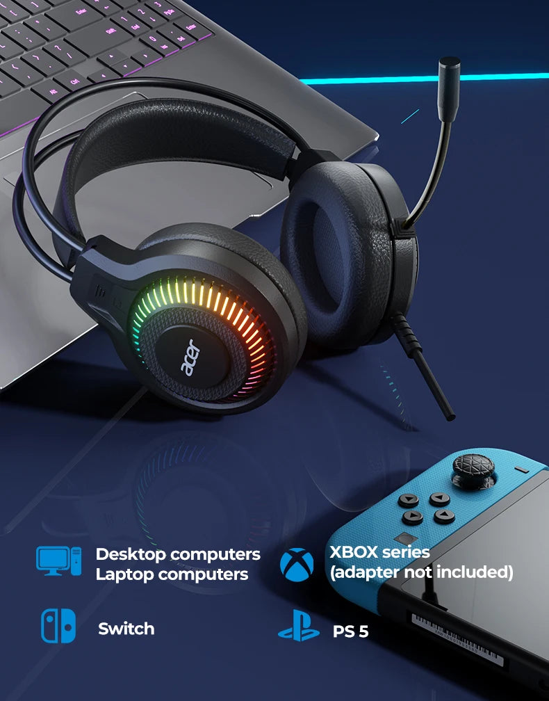 Auriculares gaming RGB con cable y micrófono – Sonido envolvente de baja latencia, iluminación RGB cool, aislamiento de ruido y ajuste cómodo