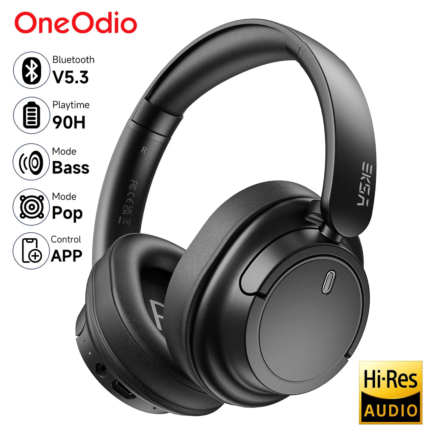 OneOdio EKSA V16 Bluetooth 5.3 Wireless Headphones with Mic, Hi-Res HiFi Over Ear Headset, 90H Battery, Bass Mode, Wired & Wireless Audio
