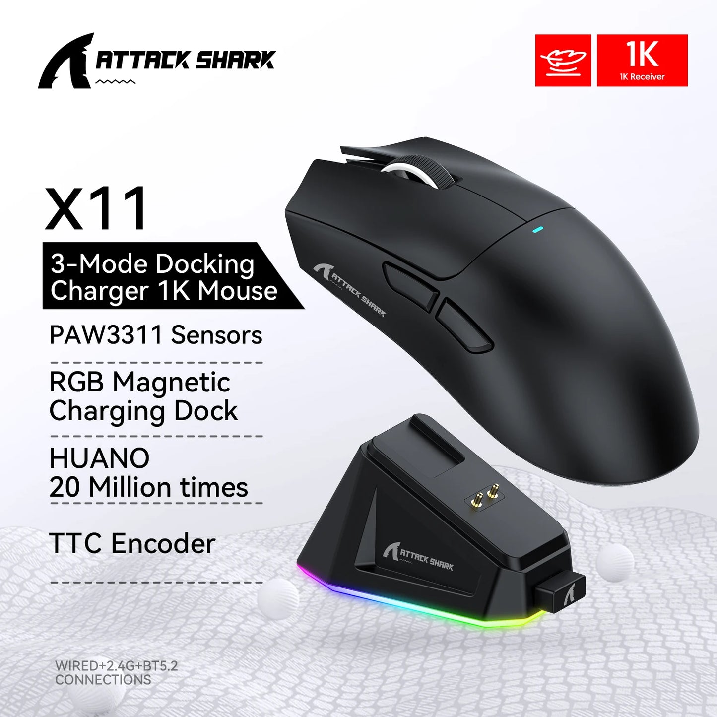 ATTACK SHARK X11 Wireless Gaming Mouse, 22K DPI PAW3311 Tri-Mode Gaming Mouse, Bluetooth 2.4G Wired RGB Lightweight Gaming Mouse