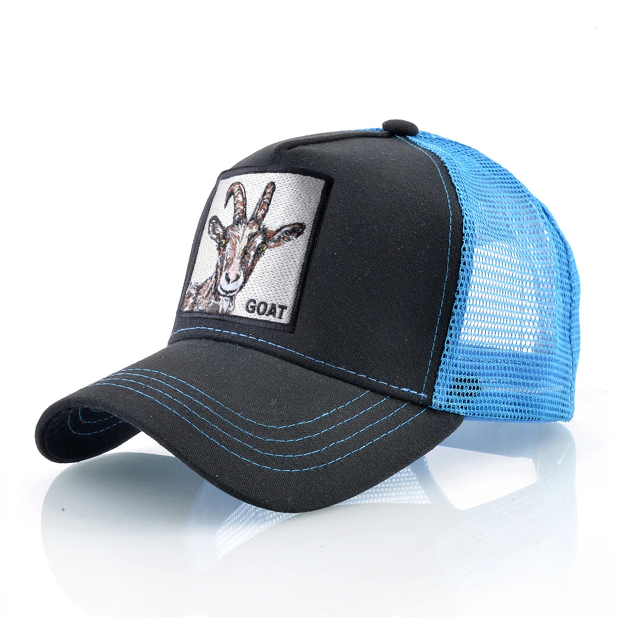 Gorras de camionero de moda con parche bordado de cabra. Gorra de béisbol Snapback «Four Seasons» para hombre y mujer, con visera ajustable.