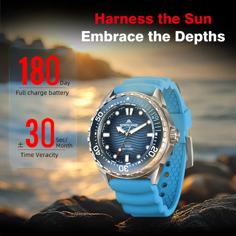 NORTH EDGE New TRITON Solar Powered Dive Watch Men Luxury Quartz Watches For Men 316L Stainless Steel Case Waterproof 300M