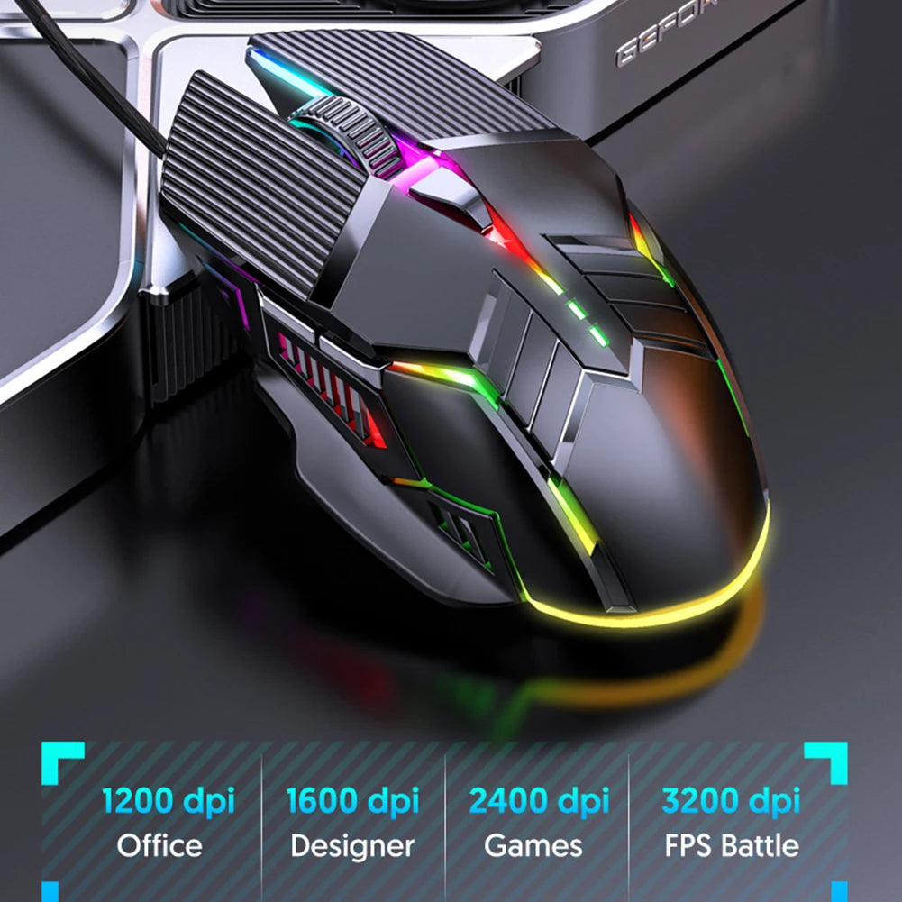 3200DPI ergonomisk trådbunden gamingmus USB datormus gamingmus med RGB-bakgrundsbelysning 6 knappar LED tyst mus för PC och laptop