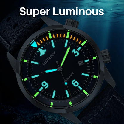 BERNY Men's Automatic Diver Watch Supper Luminous Sapphire AR Coated MlYOTA 8215 Leather Strap Mechanical Diving Watches for Men