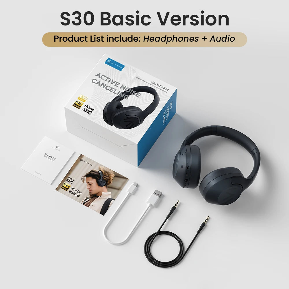 HAYLOU S30 Wireless Bluetooth 5.4 Headphones – 43dB Adaptive Noise Cancelling Over-Ear Headphones, 40mm Driver, 80H Playtime Hi-Res ANC Headset with Microphone