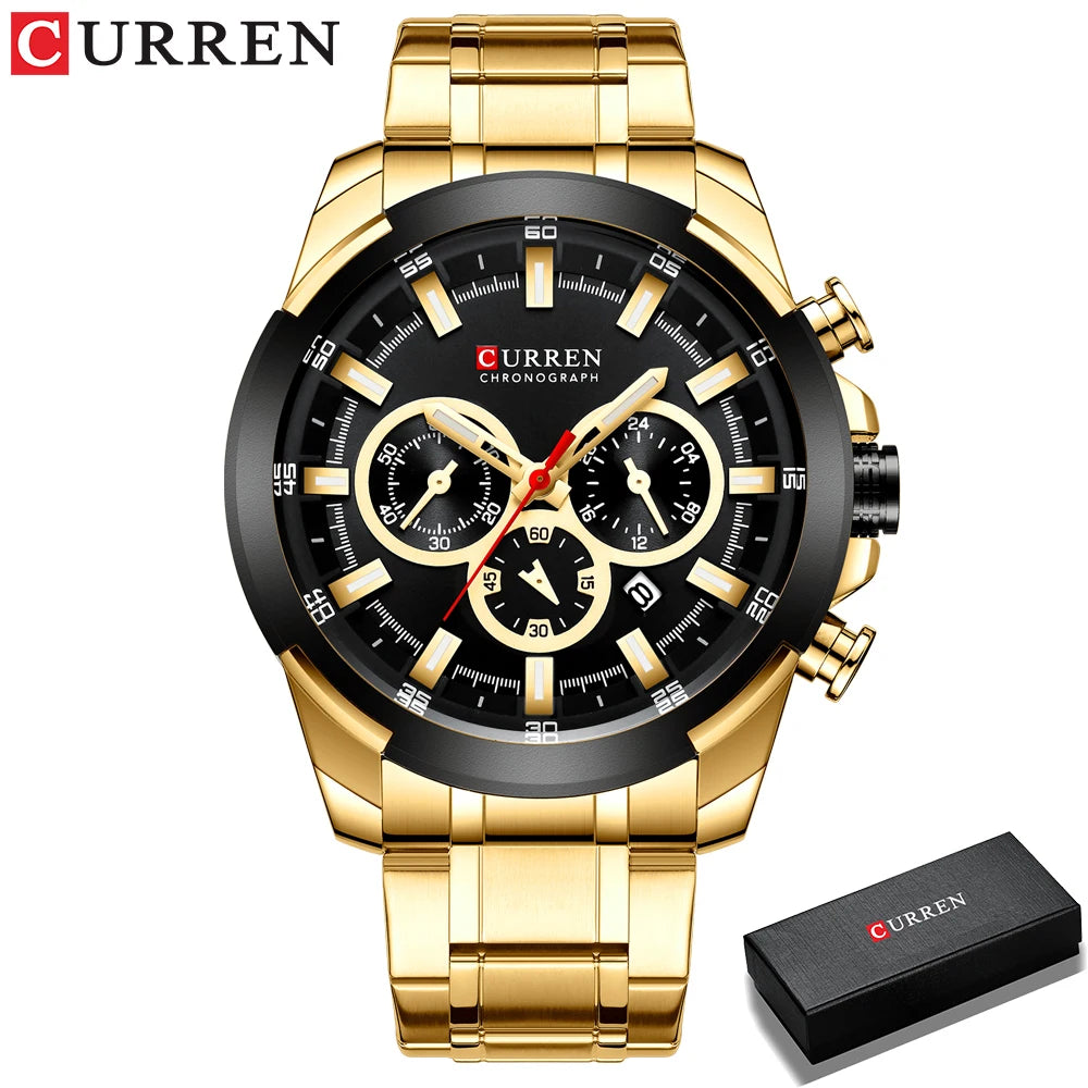 Pánské chronografové hodinky CURREN, velký ciferník o průměru 48 mm, náramek z nerezové oceli, tři pomocné ciferníky, sportovní náramkové hodinky s quartzovým strojkem, luxusní styl