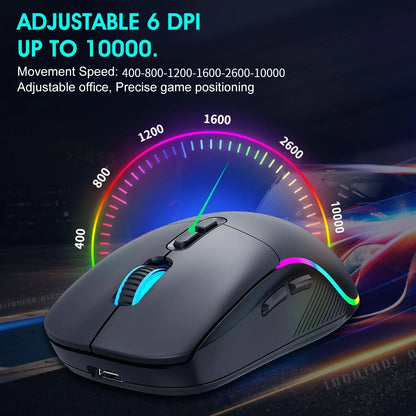 Tri-Mode Wireless Gaming Mouse with Bluetooth 2.4G & Wired Connection, 10000 DPI RGB Esports Mouse with 7 Buttons and Rechargeable Battery
