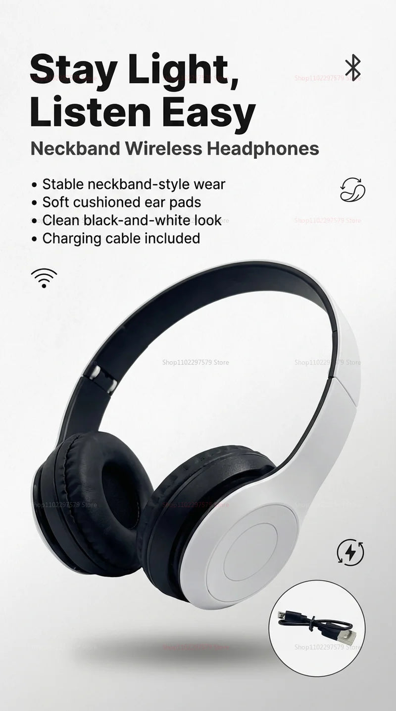Bluetooth 5.0 Wireless Headphones Foldable Over-Ear Headset with HiFi Stereo Sound, Bluetooth 5.0 Wireless Headphones with Soft Skin-Friendly Earmuffs & Microphone