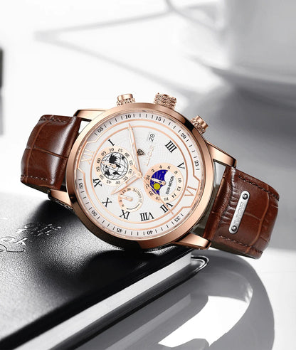 LIGE Luxury Man Wristwatch Waterproof Luminous Chronograph Watch for Men Leather Strap Men's Quartz Watches Reloj Hombre+Box