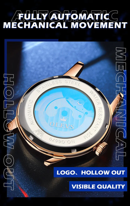 OLEVS Top Brand Men's Skeleton Mechanical Watch Waterproof Leather Strap Men Moon Phase Automatic Tourbillon Wristwatch for Men