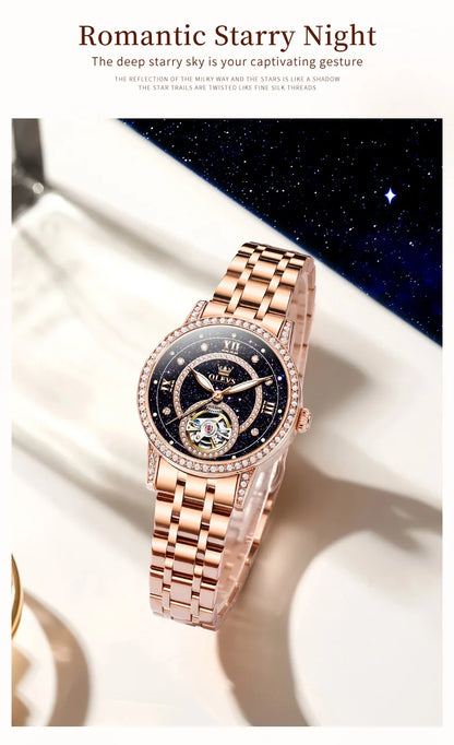 OLEVS Women's Watches Starry Sky Design Automatic Watch for Women Stainless Steel Flywheel Hollowed Ladies Mechanical Watch 7036