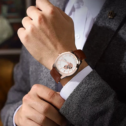 Automatic Watch Minimalist Elegant Everyday Skeleton Waterproof Mechanical Watches Rose Gold Leather Mens Watch Men Gift for Him
