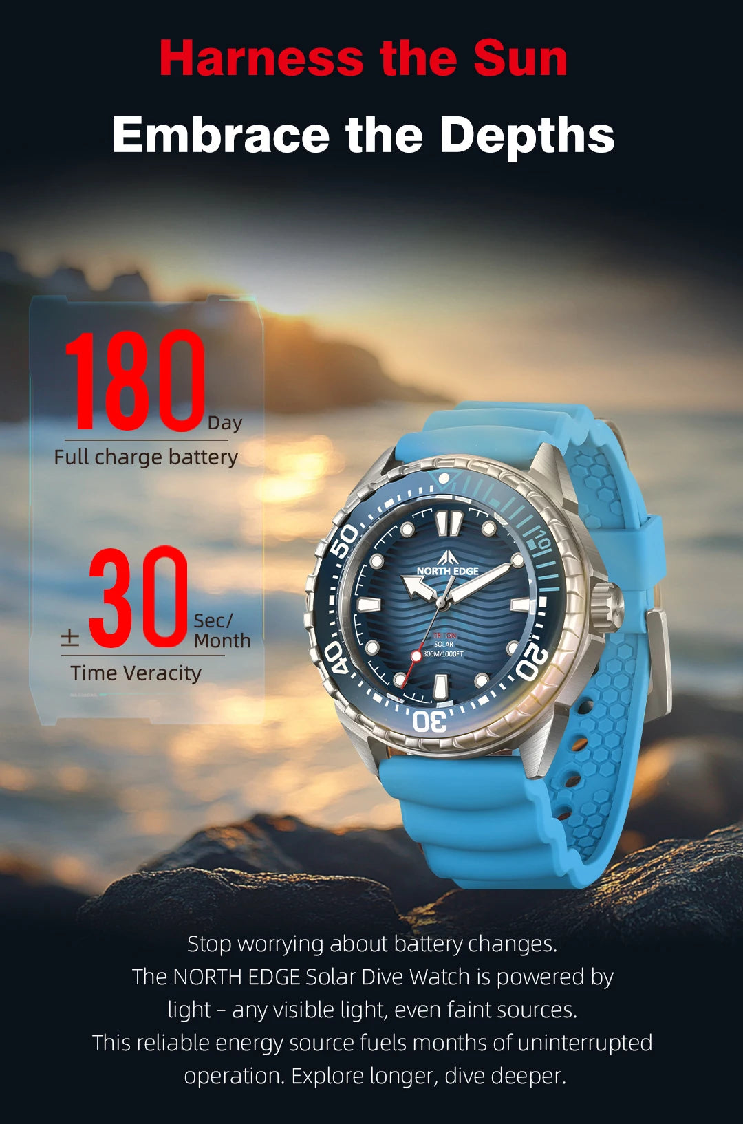 NORTH EDGE New TRITON Solar Powered Dive Watch Men Luxury Quartz Watches For Men 316L Stainless Steel Case Waterproof 300M