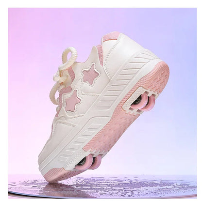 Chaussures de roller pour enfants - Roues rechargeables, couleurs tendance, finition brillante, pour les anniversaires, pour garçons et filles, chaussures décontractées deux-en-un