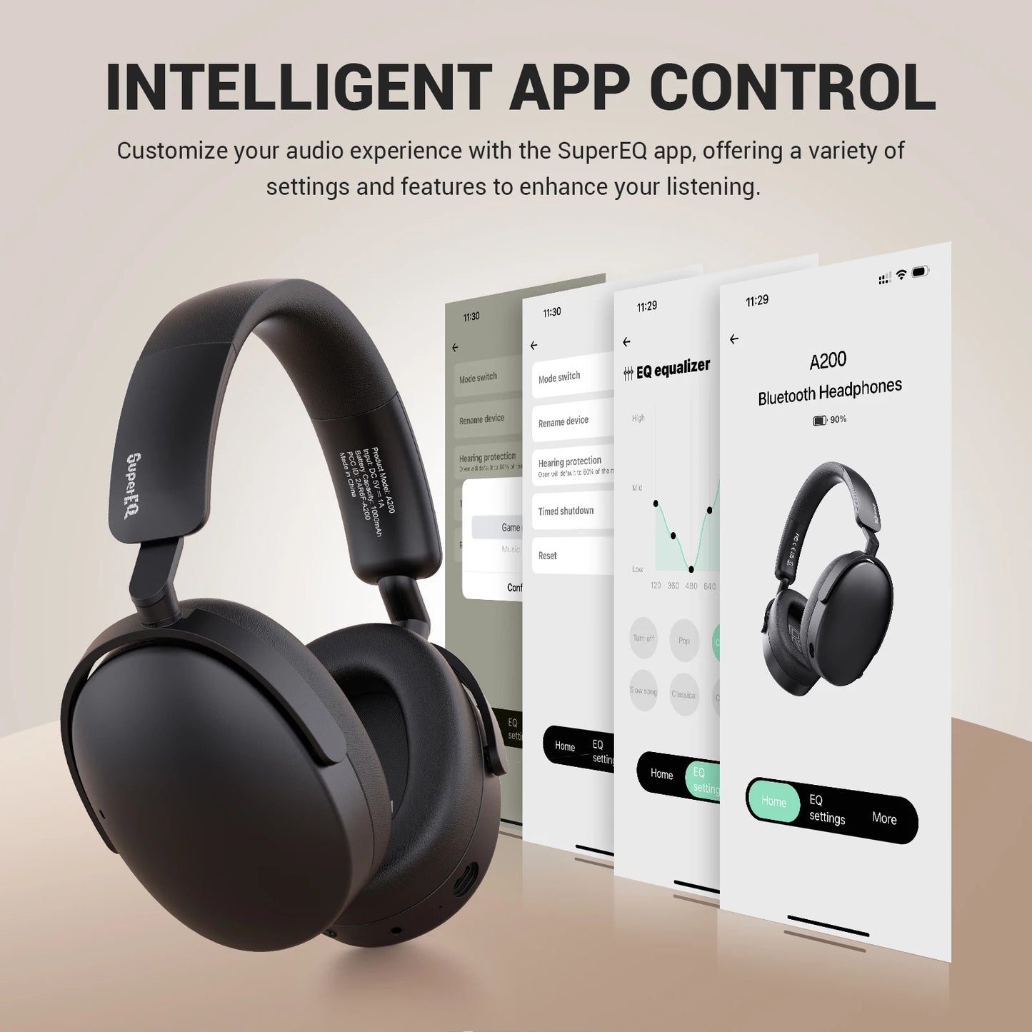 Oneodio SuperEQ A200 Wireless Bluetooth 5.4 ANC Headphones – Over-Ear Noise Cancelling Headset with ENC Mic, Hi-Res Audio & App Control