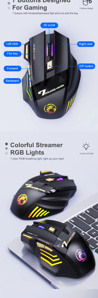 Wireless Bluetooth Rechargeable Gaming Mouse with RGB Backlight, Ergonomic Silent Computer Mouse, 7 Keys, Adjustable DPI for PC Laptop