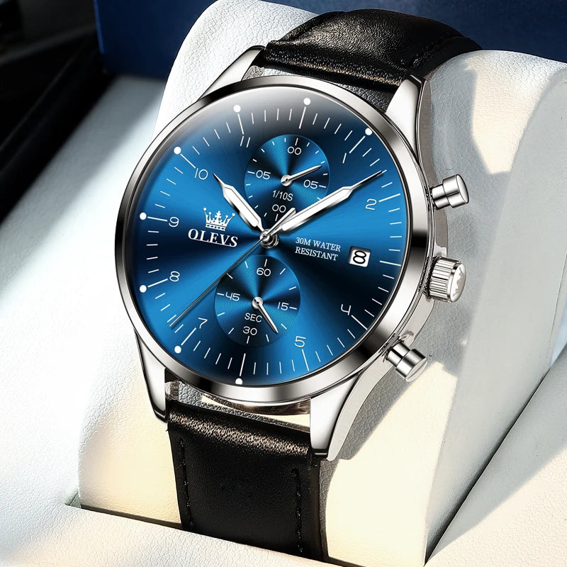 Zegarek męski OLEVS 2880 – elegancki i minimalistyczny chronograf, skórzany pasek, automatyczne wyświetlanie daty, wodoodporny, luminescencyjne wskazówki, mechanizm kwarcowy.