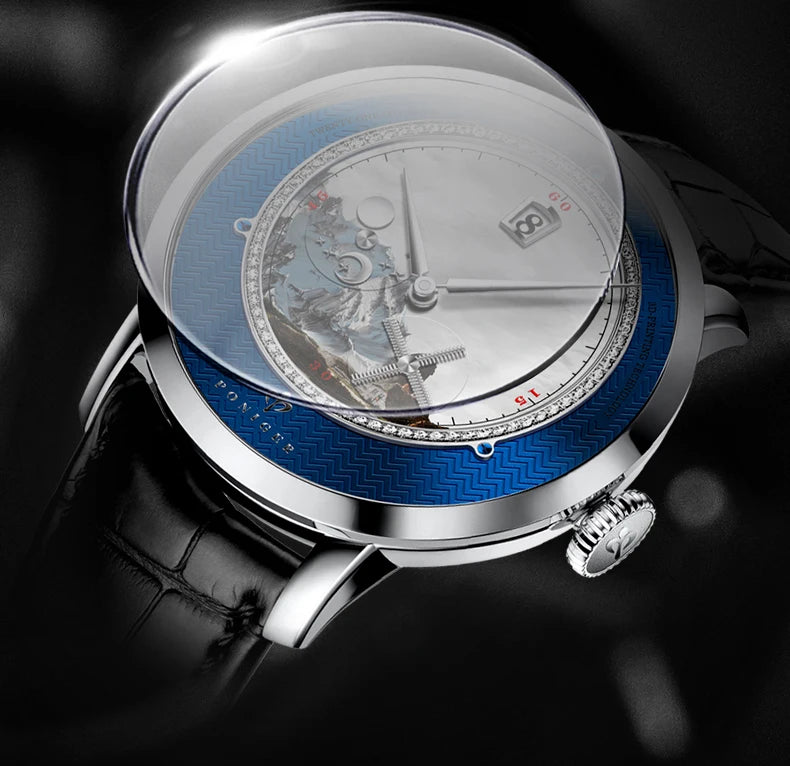 PONIGER Sapphire Crystal Glass Wrist Watch Painting Dial Man Leather Automatic Wristwatch MIYOTA 8219