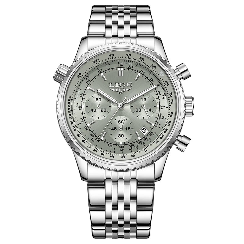 LIGE luxury men’s watch – Chronograph with date, stainless steel, water-resistant, luminescent, sporty and military style, men’s quartz watch