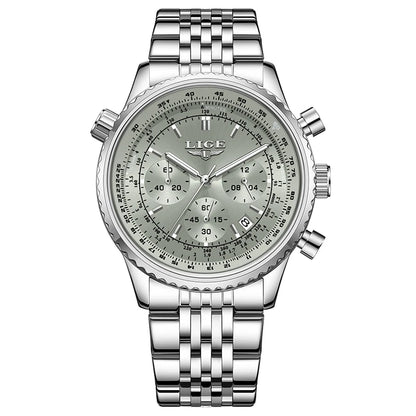 LIGE luxury men’s watch – Chronograph with date, stainless steel, water-resistant, luminescent, sporty and military style, men’s quartz watch