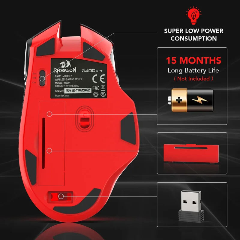 Redragon M690-1 Wireless Gaming Mouse 2.4GHz, 2400 DPI Ergonomic Gaming Mouse with 8 Programmable Buttons, 5 Adjustable DPI & 2 Side Buttons