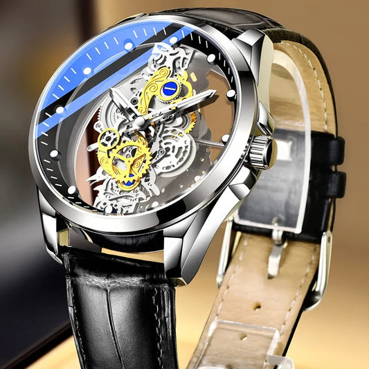 Trendové pánské hodinky, model s dvojitým víčkem, luxusní zlatý styl, imitace mechanického tourbillonu, quartzový strojek.