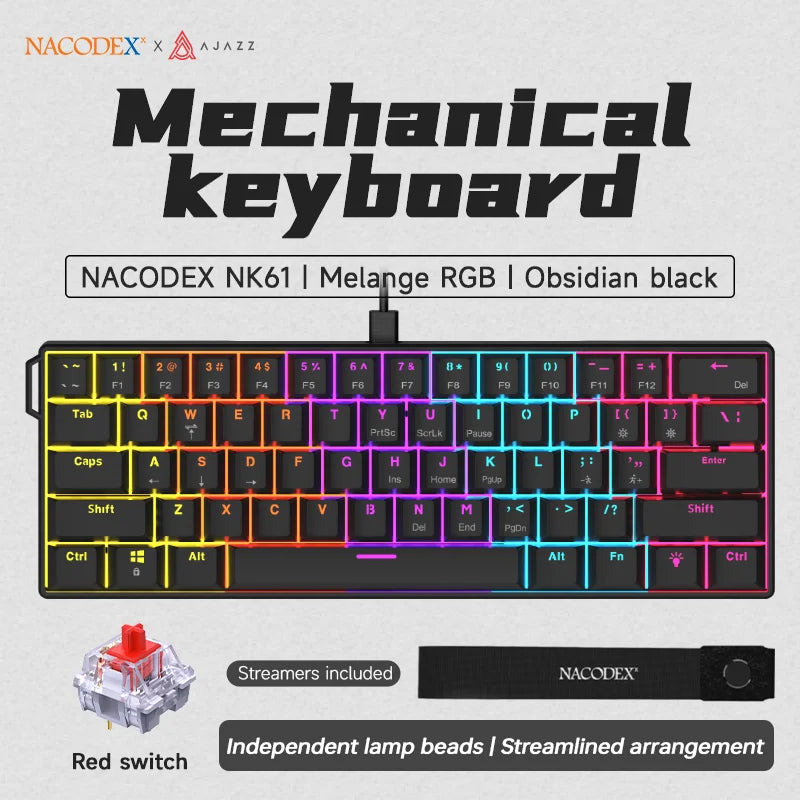 Ajazz NK61 Wired Mechanical Gaming Keyboard with full-key hot-swappable switches  RGB lighting effects 61 keys red switches