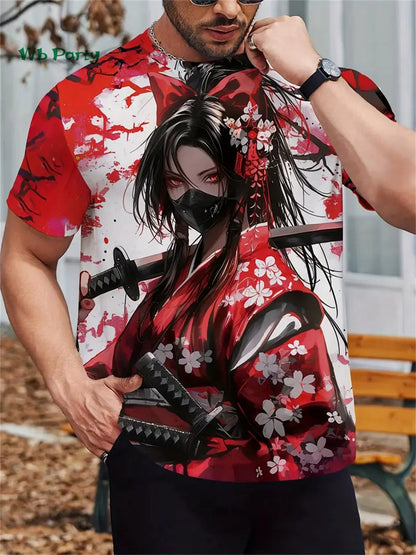 Sakura Samurai Pattern Men's T-Shirt Japanese Anime Short Sleeve T-Shirt Harajuku Tops Summer Men's Oversized Casual Clothing