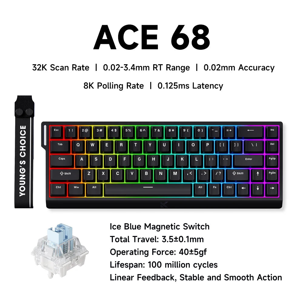 Teclado gaming MCHOSE ACE 68 con switches magnéticos Hall Effect, Rapid Trigger, RGB programable, 8K Hz y funciones DKS/MT/TGL/RS/SOCD