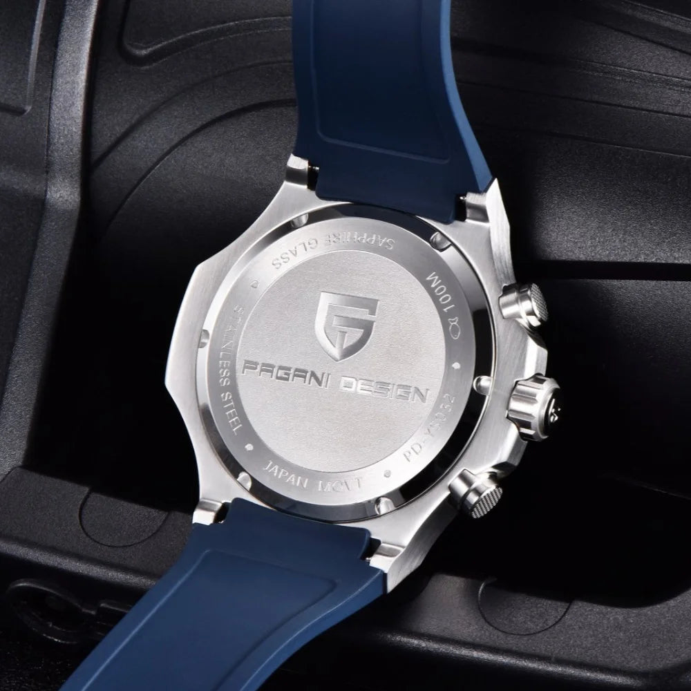 PAGANI DESIGN PD-YS032 Men's Quartz Watch 44mm Japan VK64 Movt Stainless Steel Case Rubber Strap Sapphire Glass 100M Waterproof