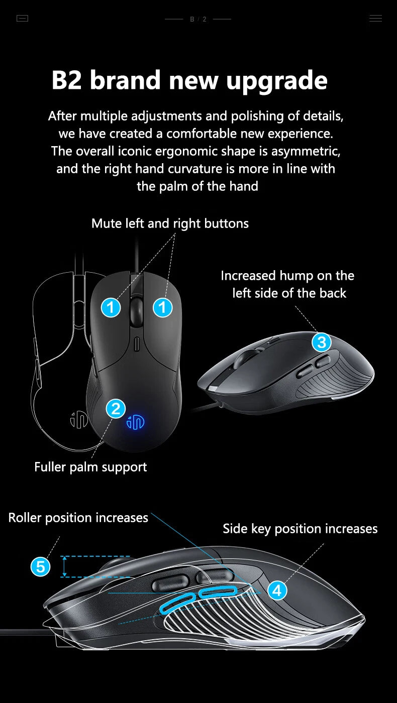 INPHIC B2 trådbunden USB-mus, tyst kontors- och gamingmus för PC och bärbara datorer