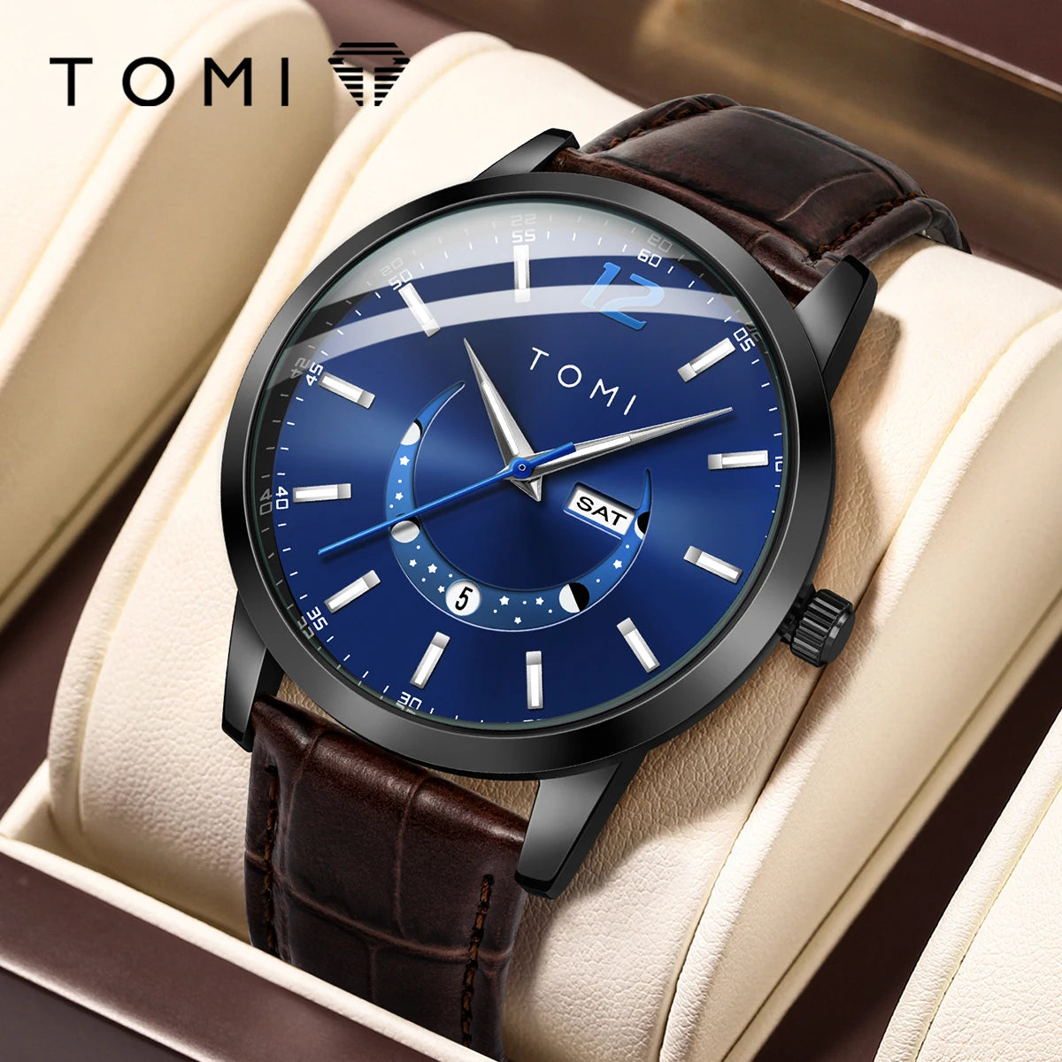 TOMI quartz watch, business-style and elegant, with a leather strap, alloy case and analogue dial – High-end design, a gift idea for men