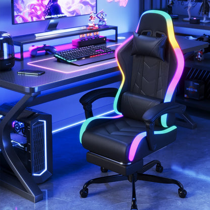 Devoko RGB Gaming Chair Ergonomic Fabric Gaming Chair with Footrest, Adjustable Headrest, LED Lights, Reclining Office Computer Gaming Chair