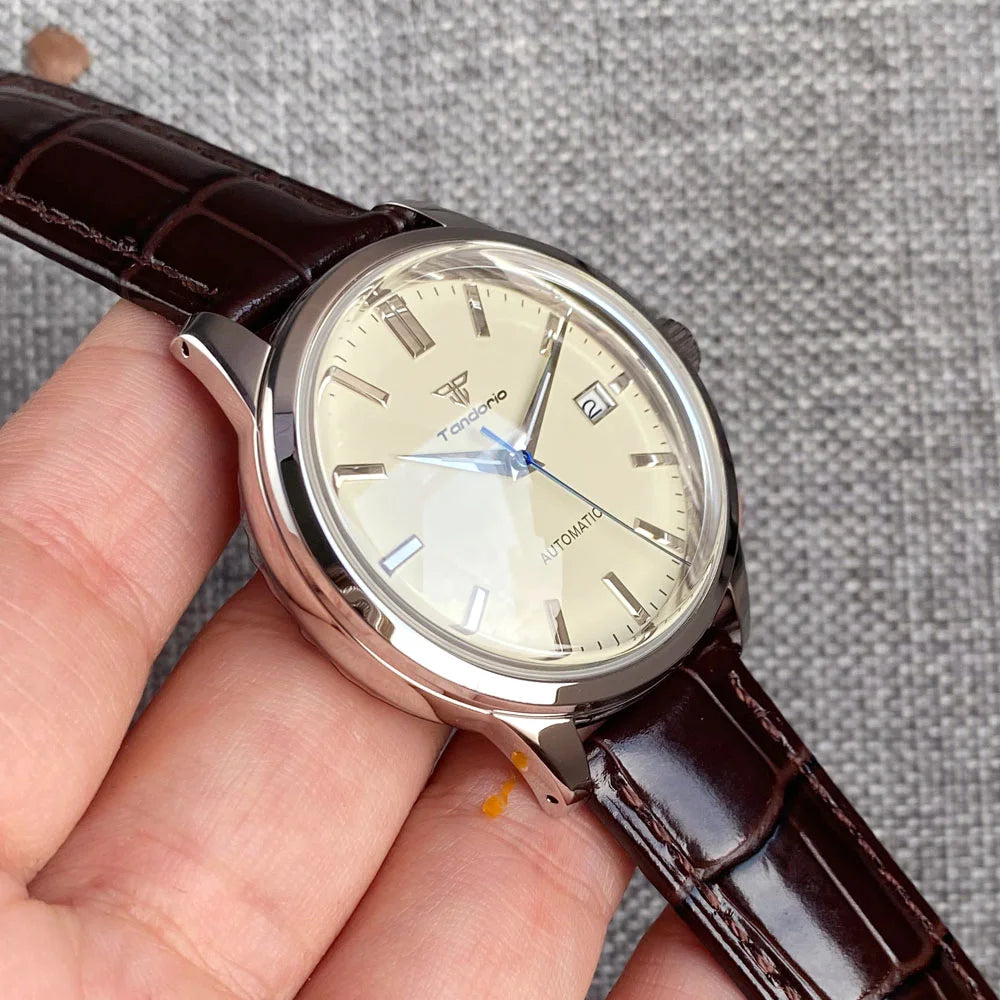 Tandorio 40mm Japanese NH35 Automatic 200M Diving Watch Men Beige Dial Bubble Sapphire Polished Case Glass Back Screw Crown
