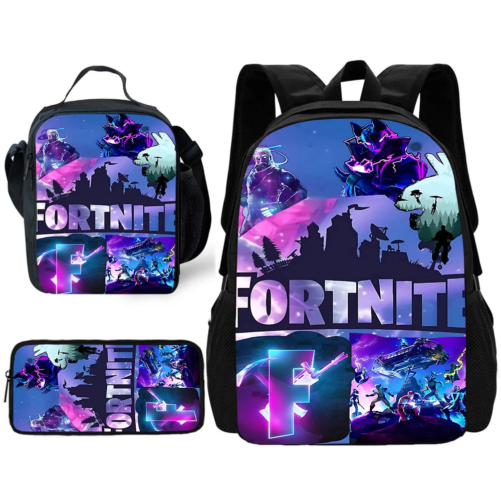 Mochila Escolar Infantil com Lancheira e Estojo, Design de Jogo Popular F-FortniteS, Mochila Escolar para Rapazes e Raparigas, Presente Ideal